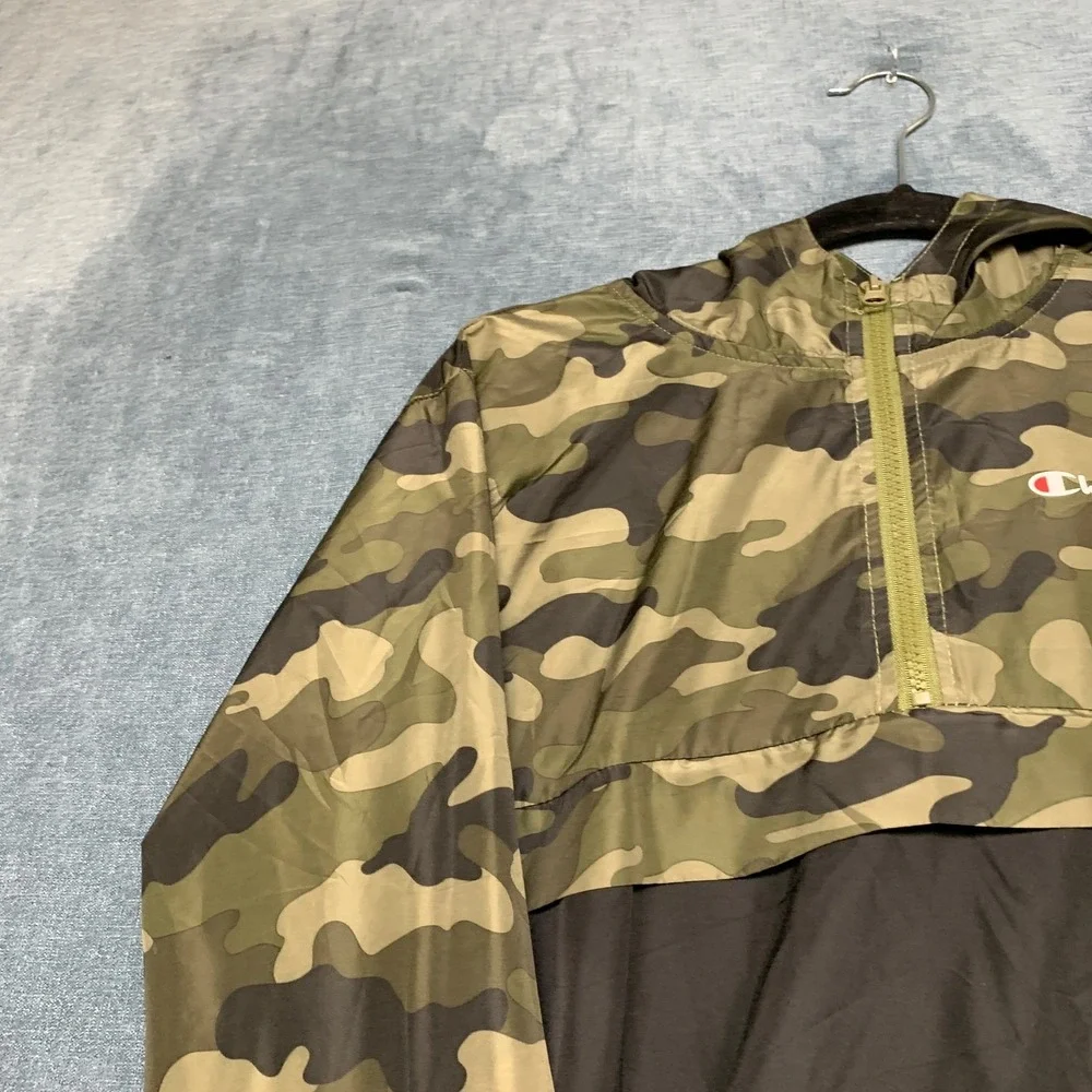 Champion Windbreaker Jacket Mens Large Black Green Camo Hooded Quarter Zip